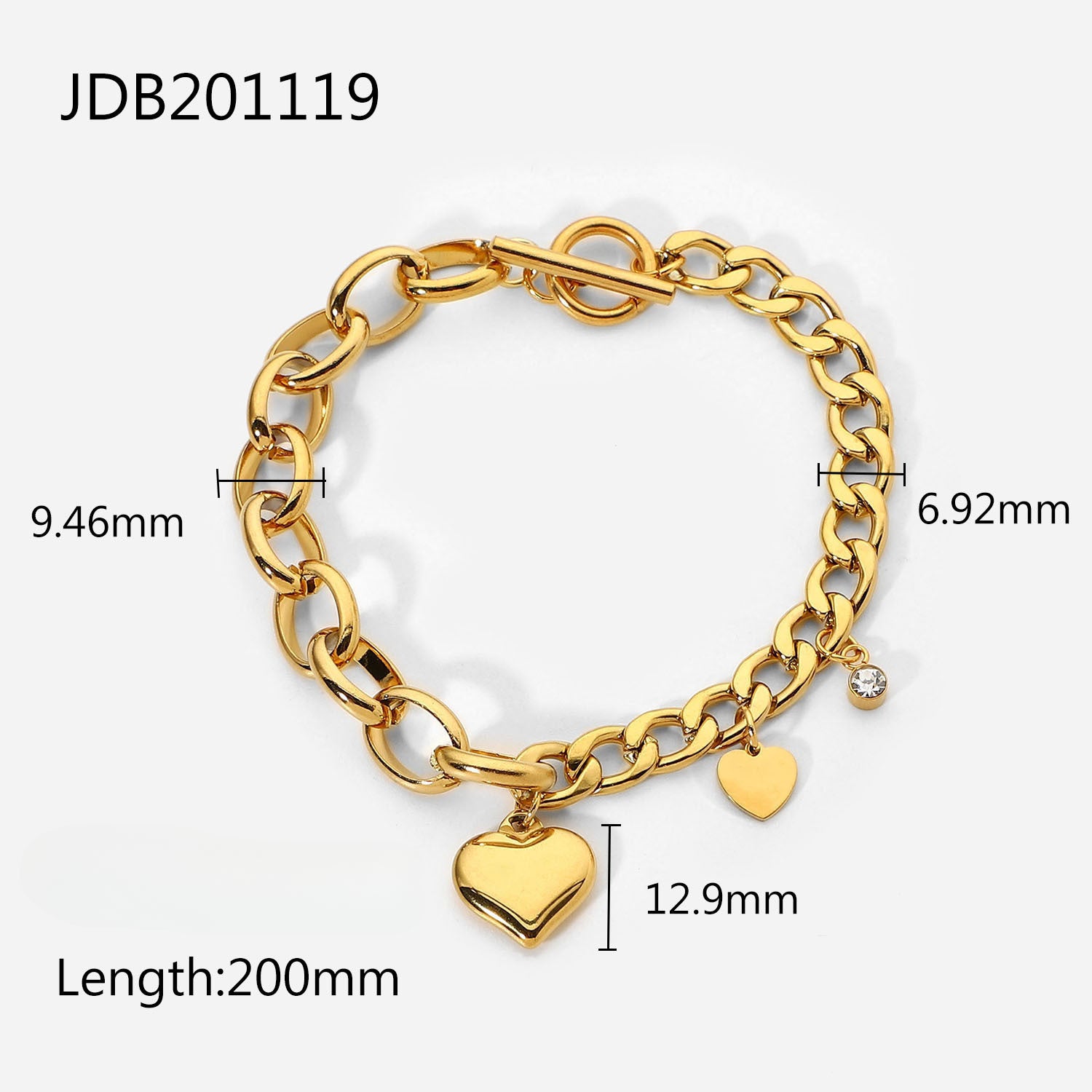 Colgante de circonio redondo de doble corazón al por mayor de hebilla de 18 km brazalete de acero inoxidable chapado en oro